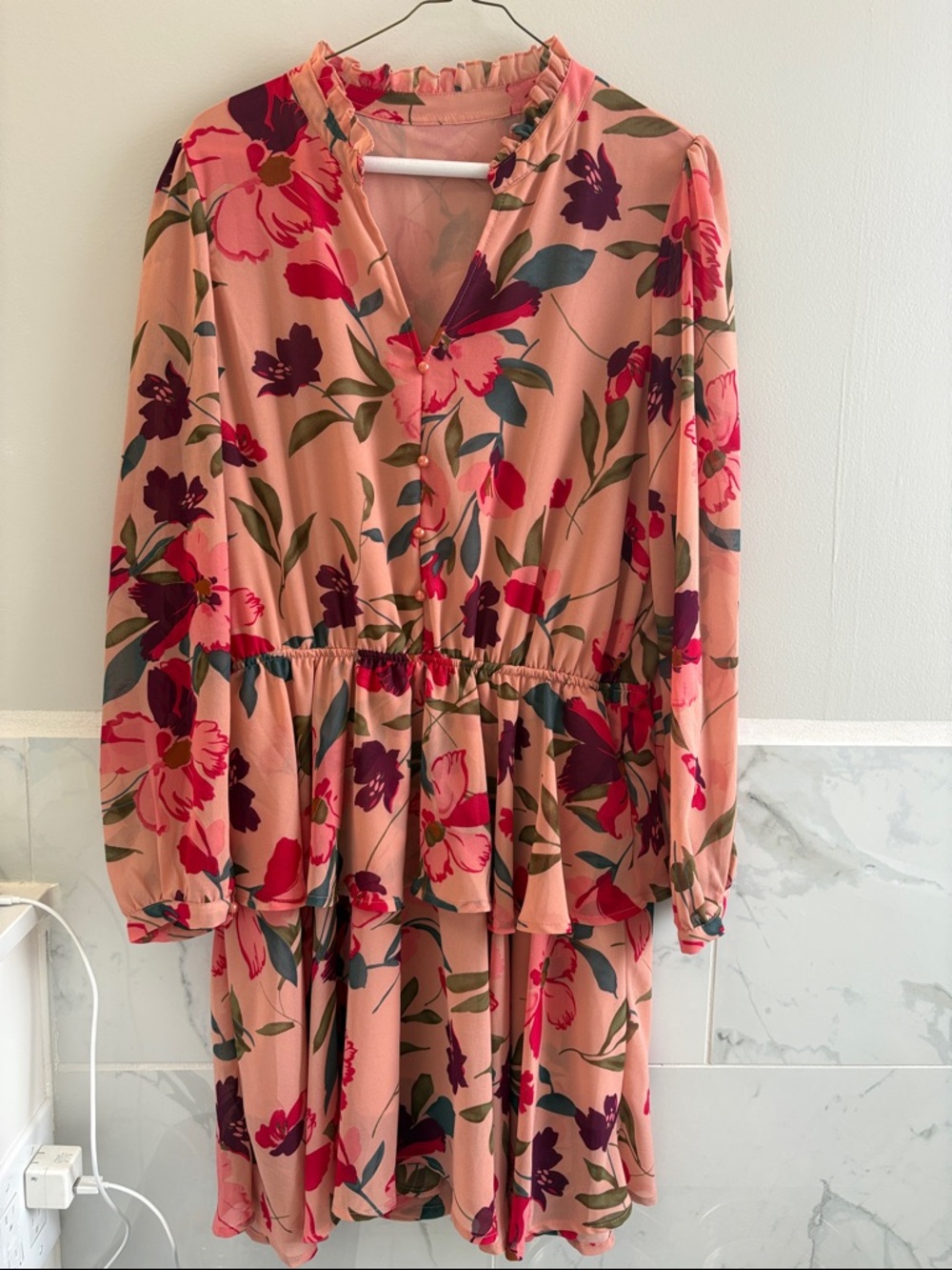 Floral Peplum Tiered Dress in Peach and Berry